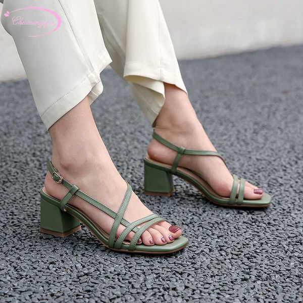 

casual style summer sandals fashion narrow band belt buckle apricot beige green high with thick heel women's shoes big size, Black