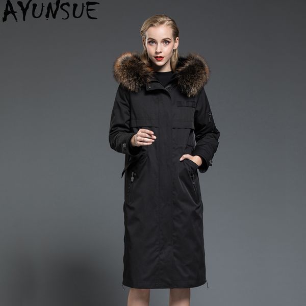 

ayunsue real fur parka 2019 winter jacket women natural fur liner long coat female raccoon collar warm parkas my3589, Black