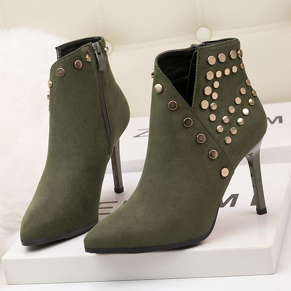 

european and american fashion thin heel short tube suede pointed rivet thin nightclub women's short boots