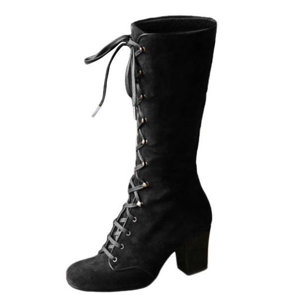 

jaycosin women shoes winter boots casual vintage mid boots for women square heel lace up shoes zapatos de mujer winter 1202, Black