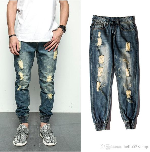 

high street barefoot kanye vintage jogger pants washed denim jogging ripped jeans for men casual, Blue