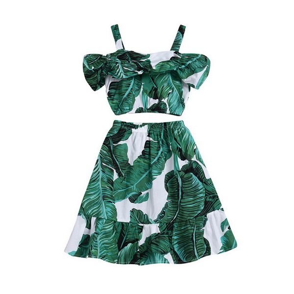 

wholesale girls 2 pieces clothing sets green banana leavles off the shoulder shirts floral dress kids clothing e52206, White