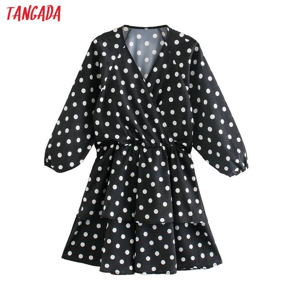 

tangada women elegant cake dress dots print v neck long sleeve 2020 fashion female high street dresses vestido 5z27, Black;gray