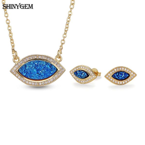 

shinygem ocean blue druzy evil eye jewelry sets big stone eye necklace earrings sets natural crystal gems jewelry for women, Silver