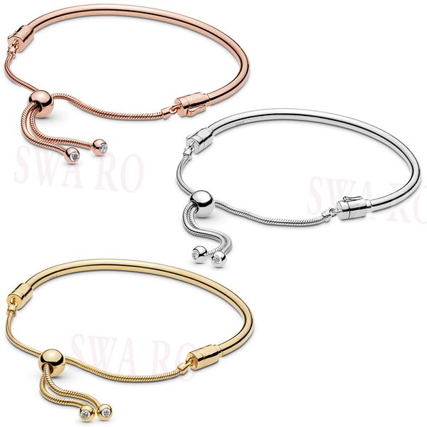 

925 silver rose gold adjustable shiny sliding bangle original bracelet diy charm fashion jewelry birthday gift, Golden;silver