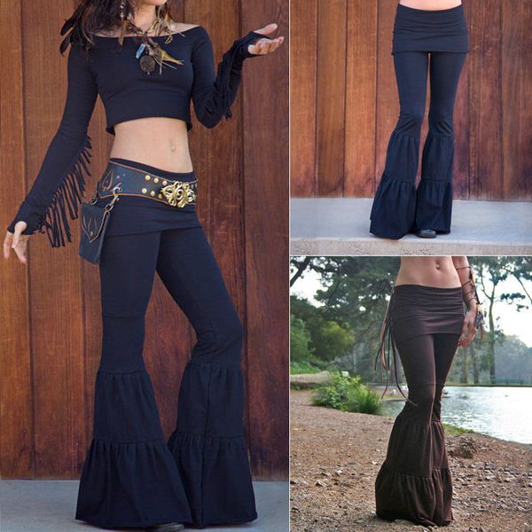 

womens ladies high waist boho pants flare pants bell bottom wide leg flare stretch longtrouse trouser, Black;blue