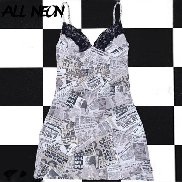 

allneon y2k e-girl 90s newspaper graphic deep v lace camis dresses vintage sweet summer spaghetti strap backless party dress, Black;gray
