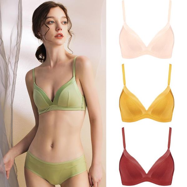 

new arrival women japanese style small fresh simple candy-colored fashion glossy gathering thin pure seamless bras underwear, Red;black