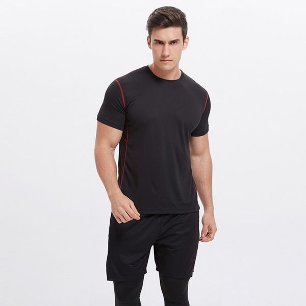 

men running t-shirt casual short sleeve breathable bottoming shirt round collar t-shirt trainning solid color sports shirts, Black;red