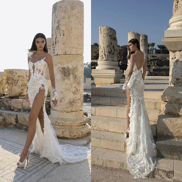 

high side split wedding dresses long sleeve lace 3d floral appliqued sheer neck mermaid bridal gowns custom made beach vestidos de novia, White
