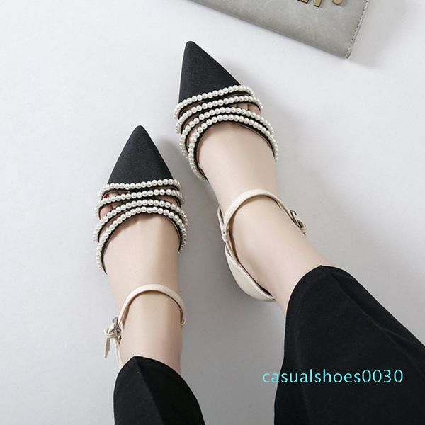 

chinelo designer sandals women luxury 2019 ballengary pearls ankle strap shallow sandalias mujer pointed toe low heels pumps 30c, Black