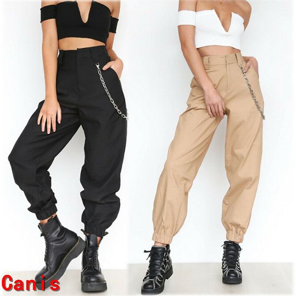 

women's pants & capris s-3xl plus size women casual high waist cargo loose solid black khaki trousers pockets elastic bottoms, Black;white