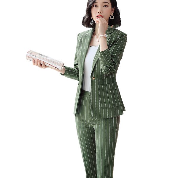 

wiccon высокого качества 2 piece set полосатый формальное pant костюм с большими карманами blazer офис леди женщины бизнес куртка и пант, White;black