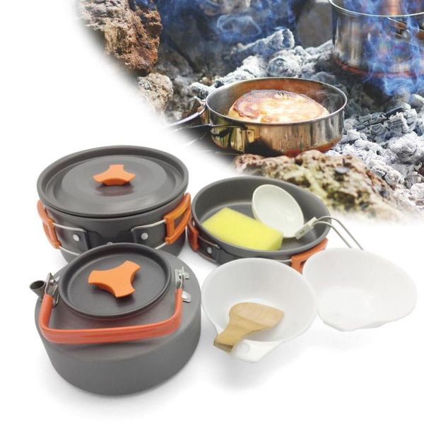 

8pcs/set outdoor camping cookware set portable utensils 2-3 persons bowl pot spoon tableware cooking travel picnic set