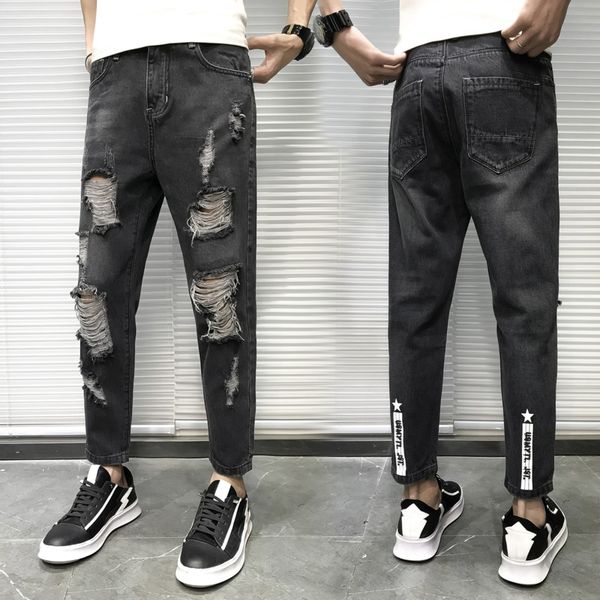 

spring new jeans men slim wash retro solid color tear hole denim pants man streetwear hip hop trend male clothes cowboy trousers, Blue