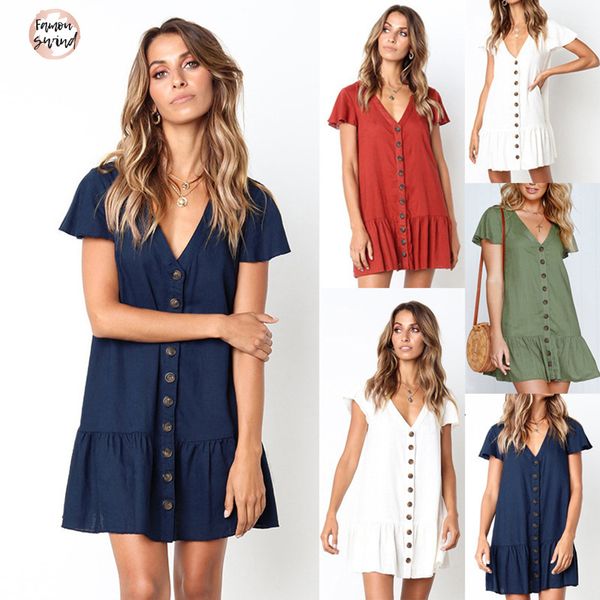 

твердая лето мини платье мода sexy v шея кнопка с коротким рукавом fold женских платьев белых повседневные свободных платьев, Black;gray