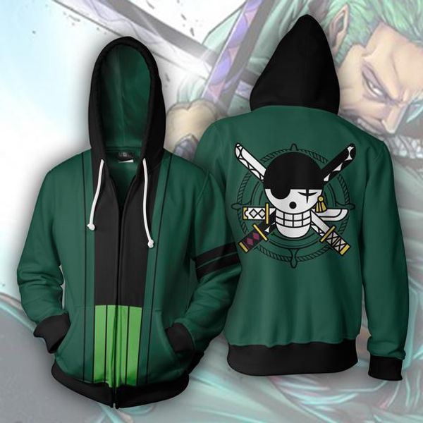 

anime hoodies one piece roronoa zoro 3d printed hooded hoodies sweatshirts for men spring antumn zipper jackets cardigan, Black