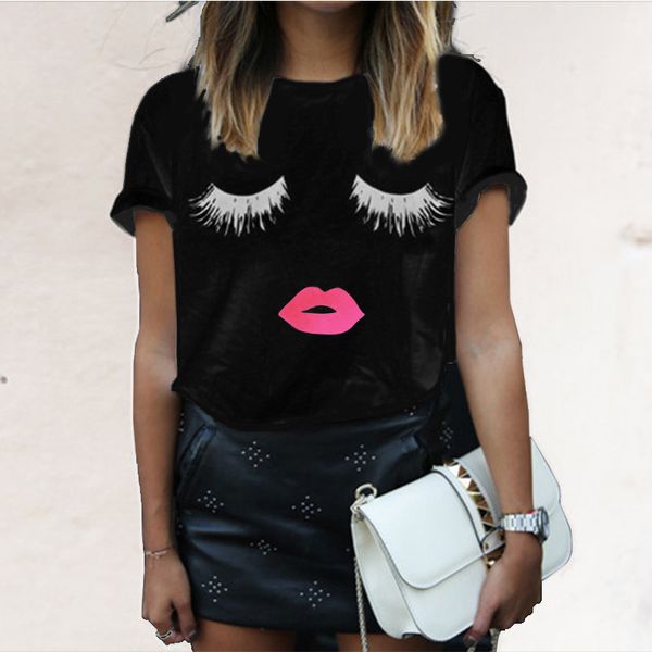 

wholesale t shirts women eyelashes eyes lips spoof tee harajuku women fashion casual female black girl letter print t-shirt, White