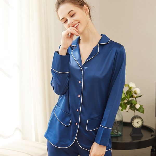 

cearpion summer women pyjamas set sleepwear satin long shirt & pant nightgown femme bath wear robe silky night suit, Blue;gray