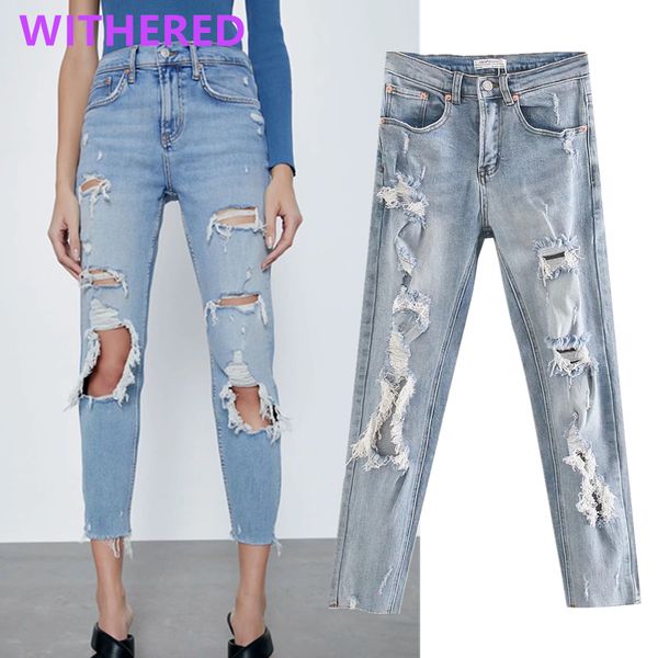 

withered england high street vintage skinny stretch ijeans woman high waist jeans ripped jeans women boyfriend for women, Blue
