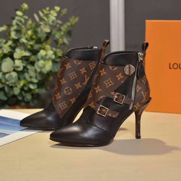 

with box luxury women janet designer ankle boots black brown leather lady fine heel dress boot 19ss fashion casual boots