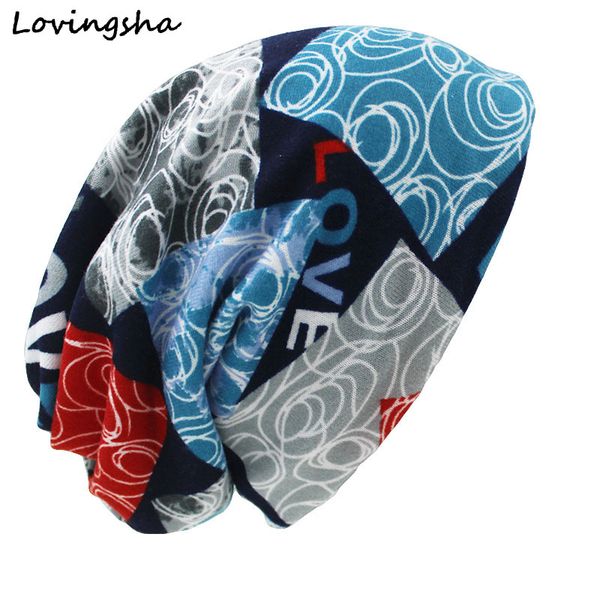 

lovingsha fashion brand autumn winter dual-use hats for ladies thin skullies beanies vintage design women scarf face mask ht029, Blue;gray