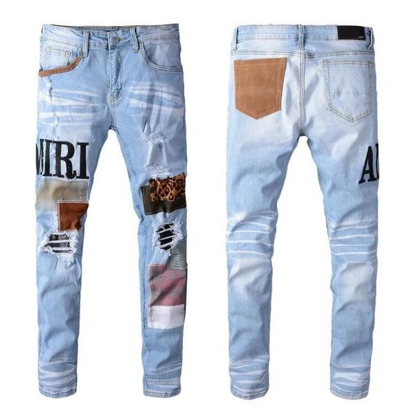 

new mens distressed ripped biker jeans slim fit motorcycle biker denim for men fashion designer hip hop mens jeans 643, Blue