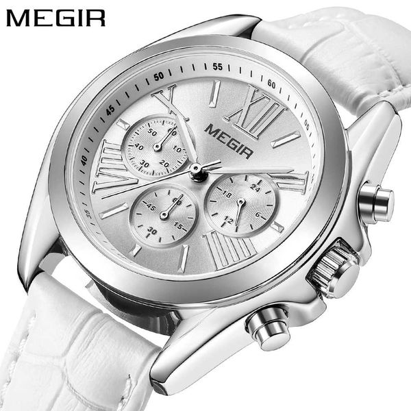 

megir 2020 women watch roman letters chronograph ladies wristwatch leather classic female clock, Slivery;brown