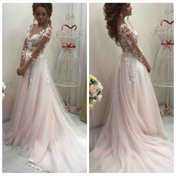 

sheer lace appliques a-line wedding dresses 2020 formal long spring simple bridal gowns customized vestidos de mariee plus size, White