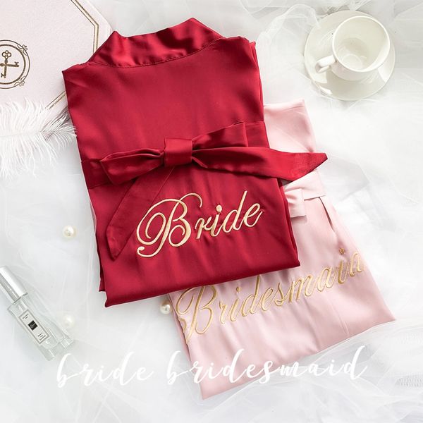 

custom wedding date personalized robe kimono satin pajamas wedding robe bridesmaid embroided bride bridesmaid robes sexy, Black;red