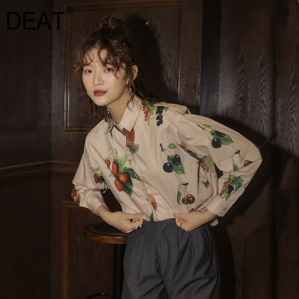 

deat] women printed hit color split blouse new lapel long sleeve loose fit shirt fashion tide spring autumn 2020 13p558, White