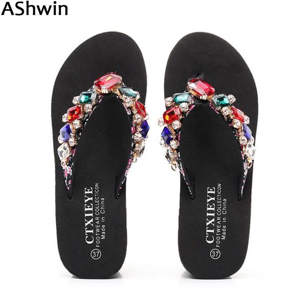 

ashwin 2019 women rhinestones sandals bohemia beach slipper fashion flip flops outdoor woman shoes wedge platform crystal shiny, Black
