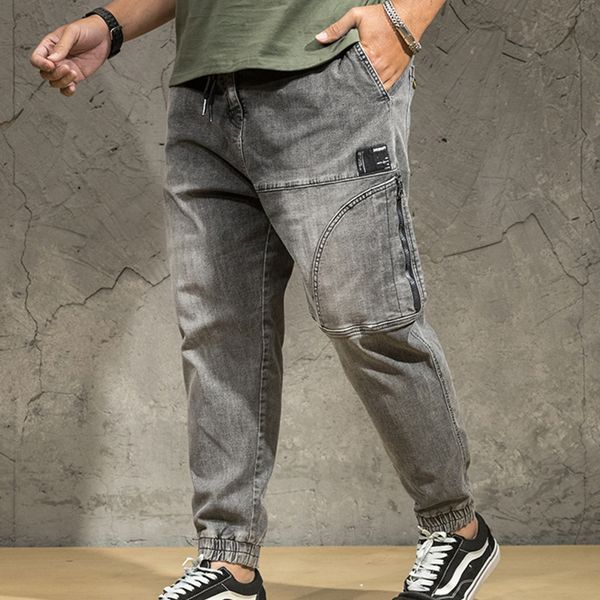 

men harem pants loose cotton men's oversized jeans men casual loose elastic nine points jeans gray, Blue