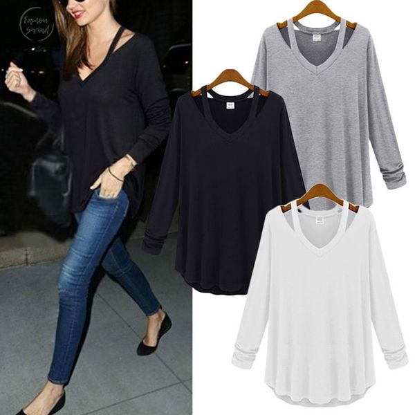 

plus size women blouse casual shirt v neck off shoulder femme regular long sleeve tee shirts fashion blouse c14, White