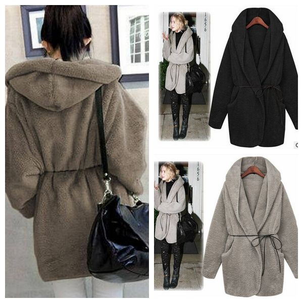 

plush hooded coat women winter autumn fleece sweatshirt solid sports casual plush jacket with belt long sleeve fur coats cny884, White