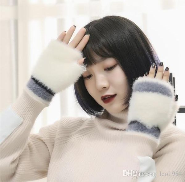 

winter women new knitting half finger fold gloves students warm writing half finger gloves touch screen gloves, Blue;gray