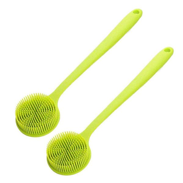 

2 pack silicone bath body brush with a long handle, soft double sided bristles cleaning shower & back brush scrubber, promotes