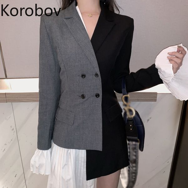 

korobov 2019 new irregular persnality women blazers and hit color patchwork flare long sleeve ruches blazer femme 77809, White;black