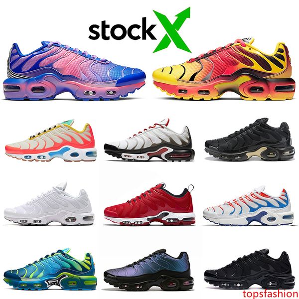 

stock x tn plus se og running shoes triple white black gold gradient pack throwback future fashion women mens trainer sports sneakers 36-46