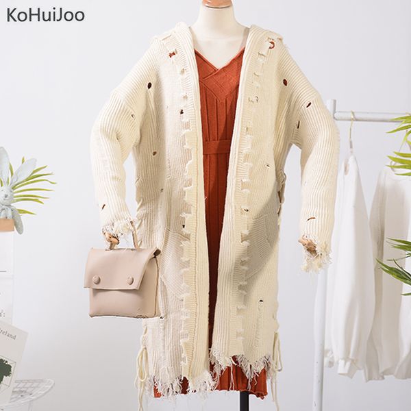 

kohuijoo women cashmere cardigan sweater plus size loose hollow out hooded open stitch knitting long coat ladies fashion clothes, White;black