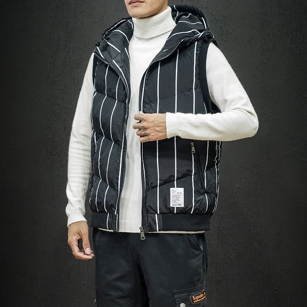 

stripe winter sleeveless jacket men hooded preppy autumn hip hop fashion jackets vest oversize streetwear japanese casual parka, Black