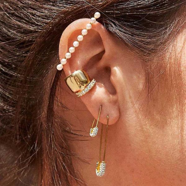 

flatfoosie crystal safety pin stud earrings for women girl gold color luxury simulated pearl fashion statement earring jewelry, Golden;silver