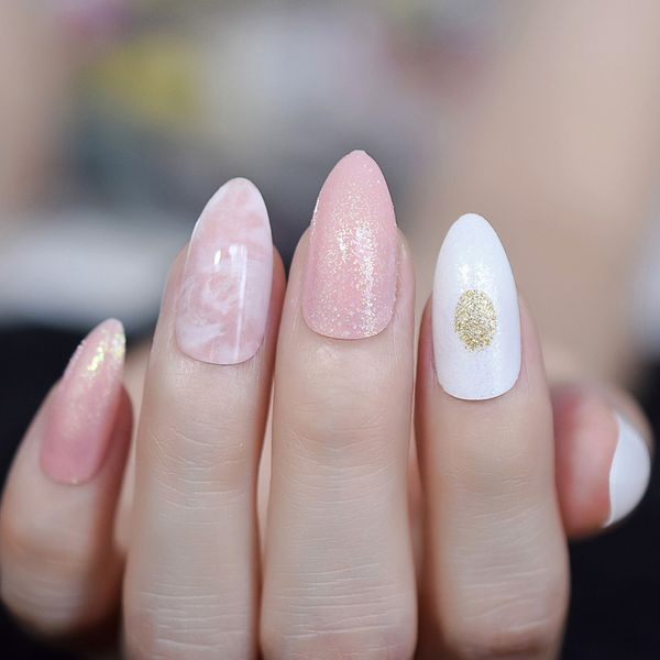 

slender medium point fake nails light pink glitter decoration stiletto press on nails custom with glue, Red;gold