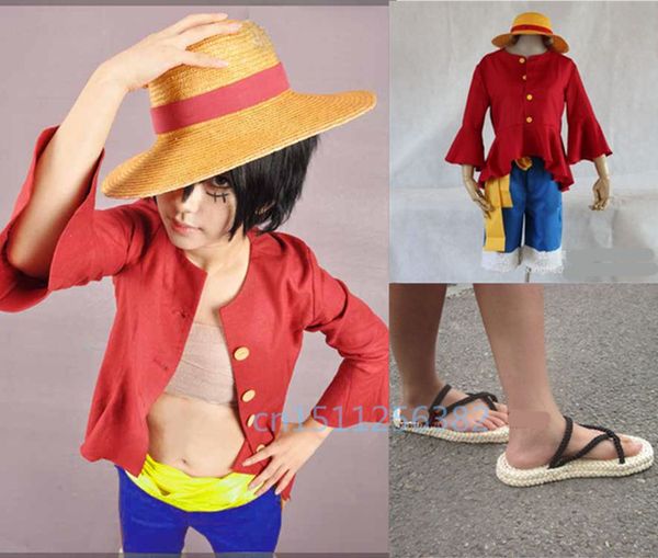 

аниме один кусок обезьяна d. luffy косплей костюмы летняя одежда набор для детей birthdayparty hat + рубашка + брюки обувь, Black