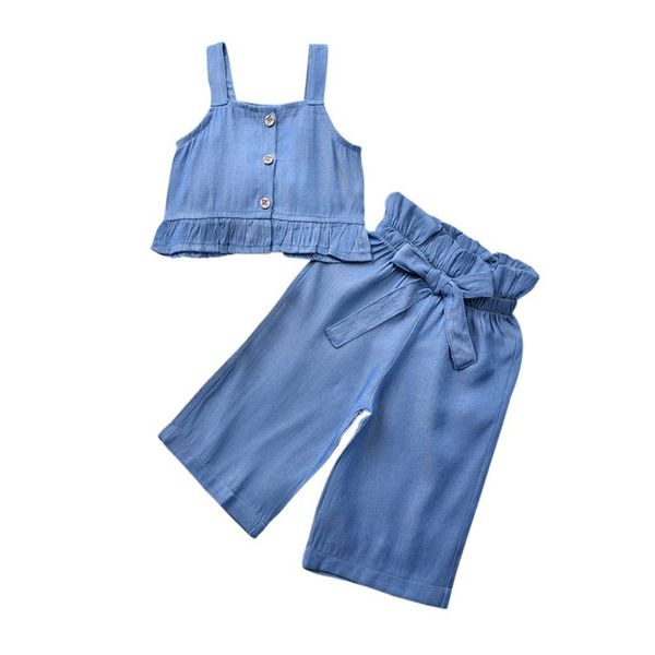 

2pcs summer baby's sets girl ruffle crop sling striped long pants outfits toddler kids casual clothes vetement enfant new, White