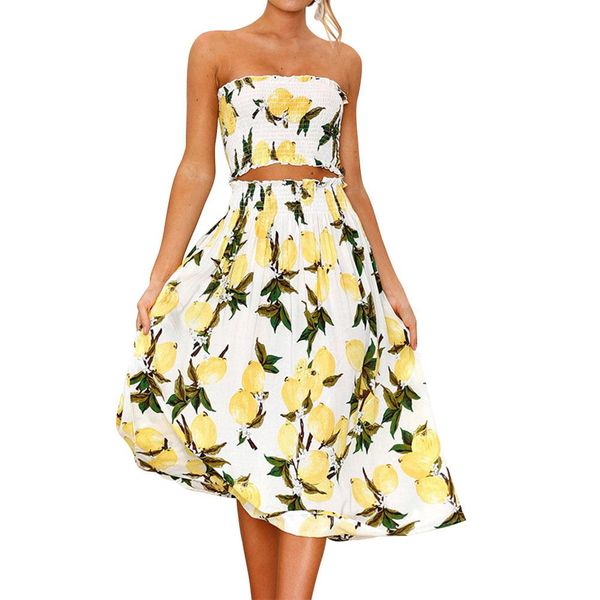 

women's set summer 2 piece set fashion strapless skirt sets ladies printing midriff-baring beach skirt suit, White