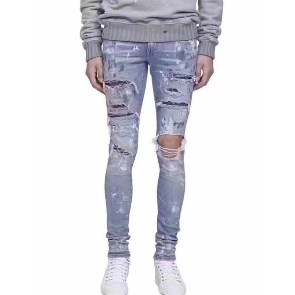 

ы jeans эластичность rhinestone всплеск чернила джинсы мода мужчин повседневный брюки tight hole jeansff, Blue