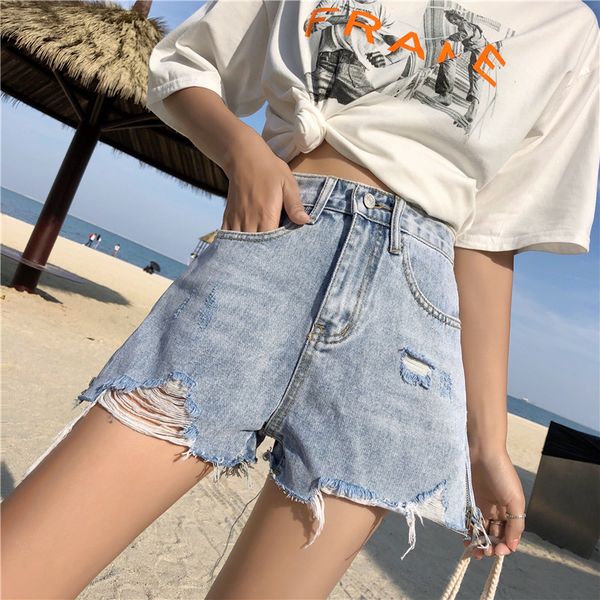 

s-xl 2 colors 2019 summer korean chic style high waist shorts womens jeans a line ripped denim shorts femme (z6321, White;black