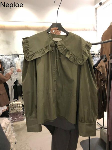 

neploe new korean lace up peter pan collar shirt 2020 spring long sleeve single breasted blusa women sweet fashion blouse 58992, White