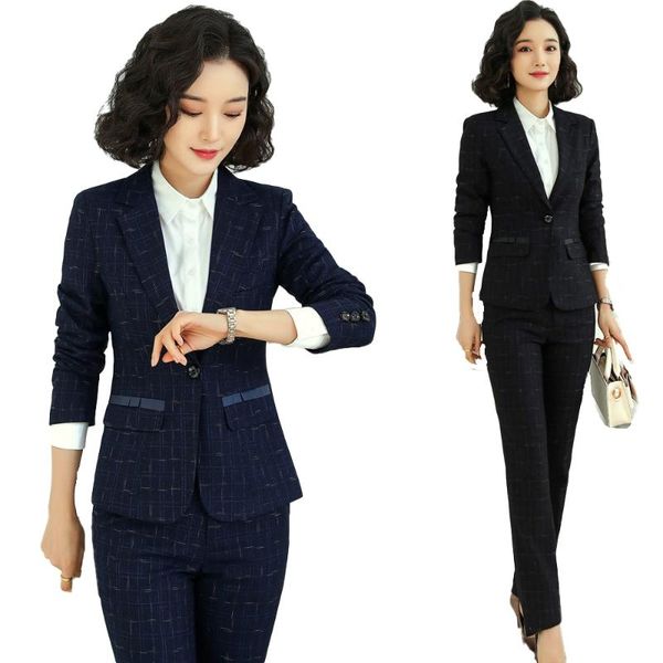 

новый темно-синий блейзер женские деловые костюмы формальное офис костюмы рабочая одежда куртки и pant set брюки elegant lady костюм, White;black